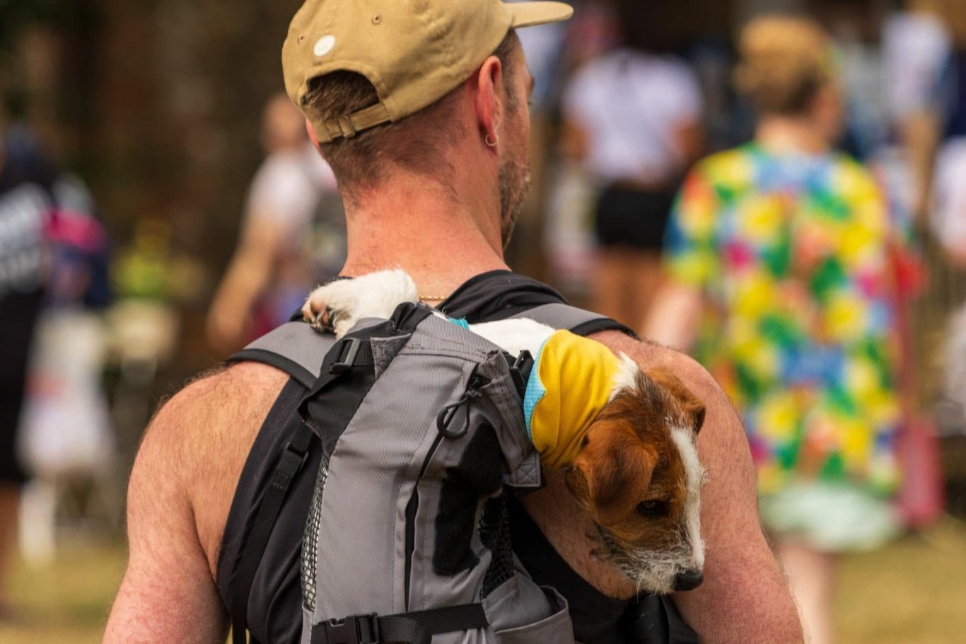 A man carries a small dog in a backpack while walking in a crowd.