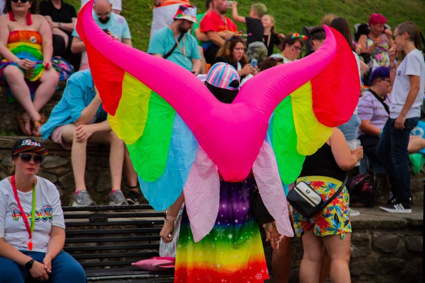 Person wearing large, vibrant pink and rainbow wings at a Pride event.